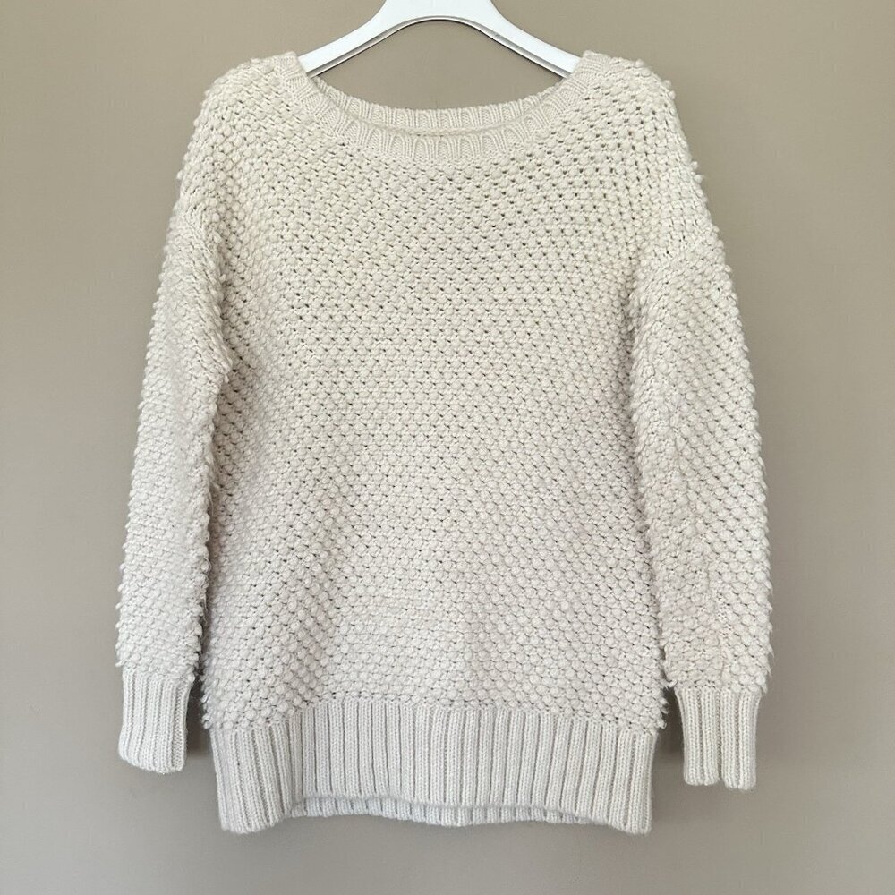 American Eagle Alpaca Wool Blend 3D Fisherman Sweater Women M Ivory Chunky Warm